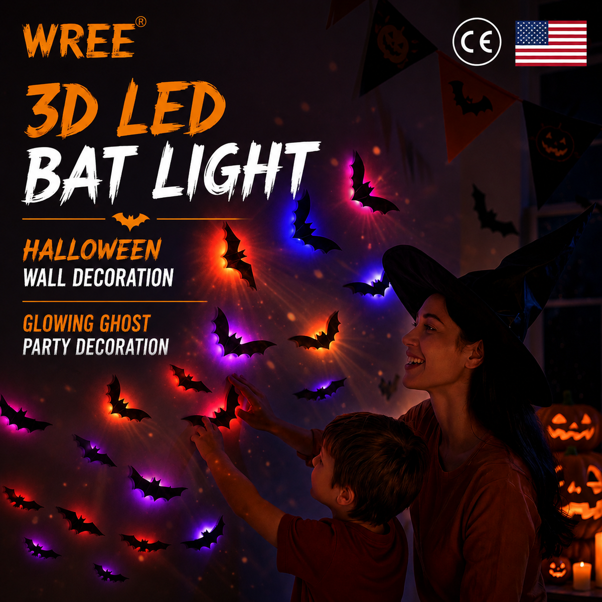 🎃🎁 WREE® 3D LED Bat Light Halloween Wall Decoration – Glowing Ghost Party Décor